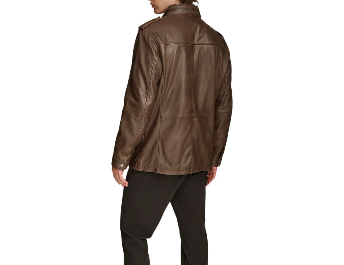back viewMen’s Premium Sheepskin Leather Four-Pocket Safari Field Jacket in genuine leather with classic field design and structured fit by LeatherTex.