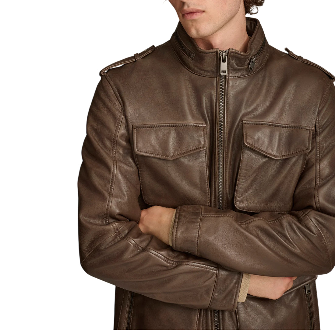 front-zoom view Men’s Premium Sheepskin Leather Four-Pocket Safari Field Jacket in genuine leather with classic field design and structured fit by LeatherTex.