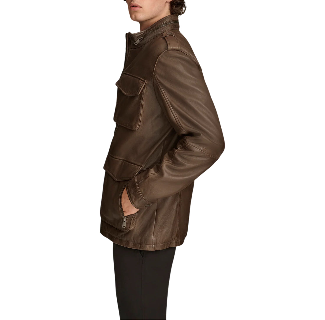 front-left side viewMen’s Premium Sheepskin Leather Four-Pocket Safari Field Jacket in genuine leather with classic field design and structured fit by LeatherTex.