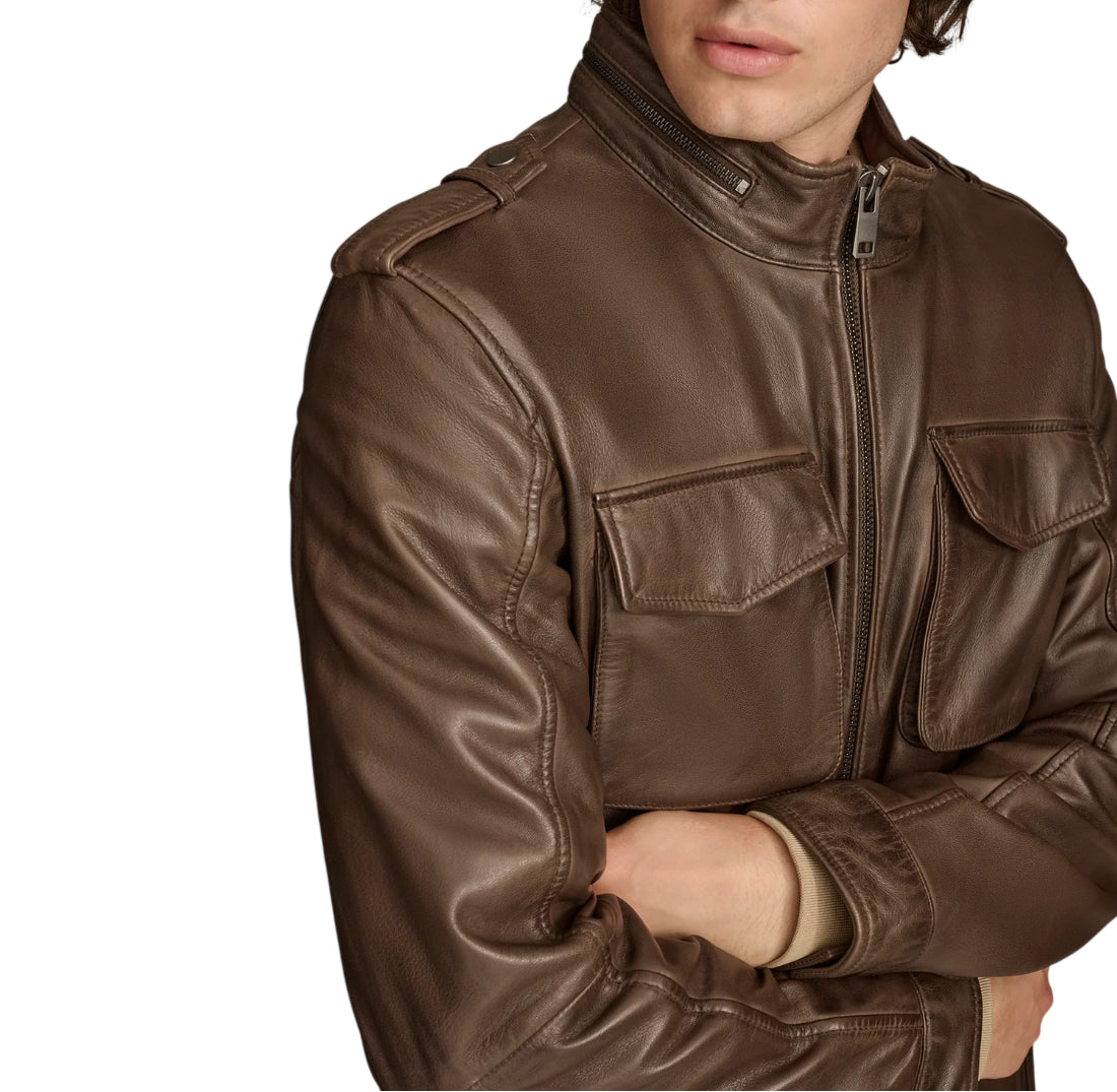 front right side viewMen’s Premium Sheepskin Leather Four-Pocket Safari Field Jacket in genuine leather with classic field design and structured fit by LeatherTex.