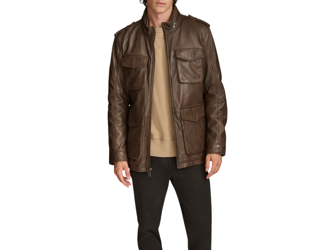 front view Men’s Premium Sheepskin Leather Four-Pocket Safari Field Jacket in genuine leather with classic field design and structured fit by LeatherTex.