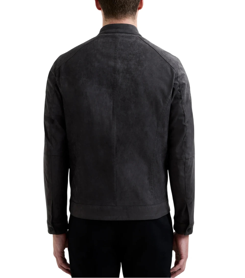 back-view Men’s Premium Sheepskin Suede Slim-Fit Bomber Jacket by LeatherTex in chocolate brown, tailored leather bomber jacket for men