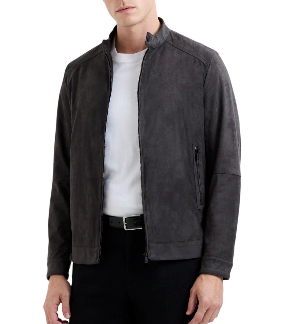 front viewMen’s Premium Sheepskin Suede Slim-Fit Bomber Jacket by LeatherTex in chocolate brown, tailored leather bomber jacket for men