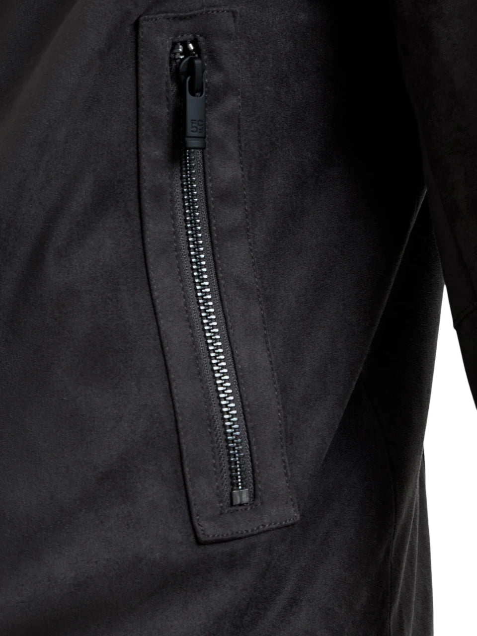 Close-up of a black jacket with a zipper detail on a white background