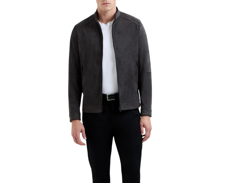 front-view Men’s Premium Sheepskin Suede Slim-Fit Bomber Jacket by LeatherTex in chocolate brown, tailored leather bomber jacket for men