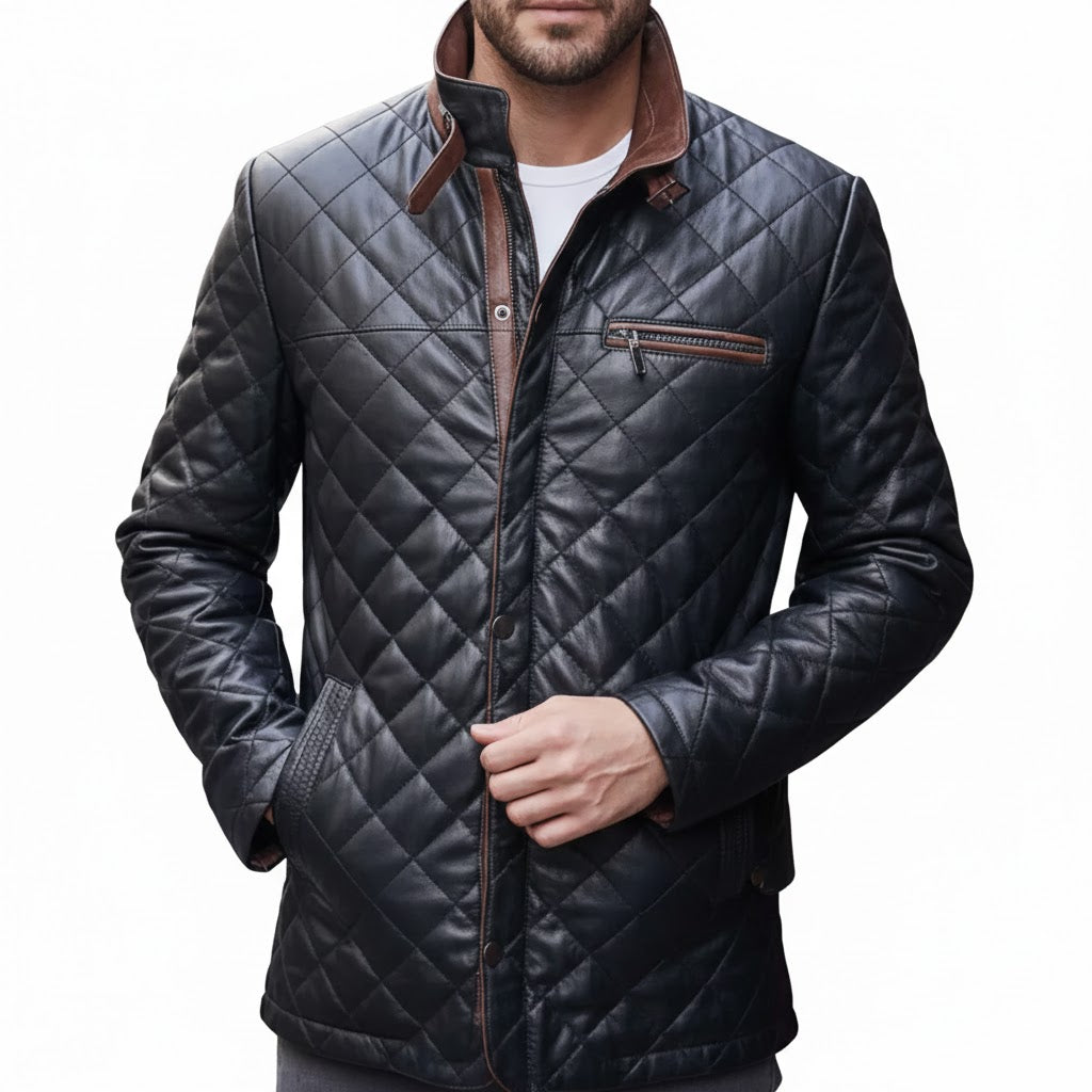 Front view of Premium Handcrafted Quilted Sheep Leather Jacket for men by LeatherTex