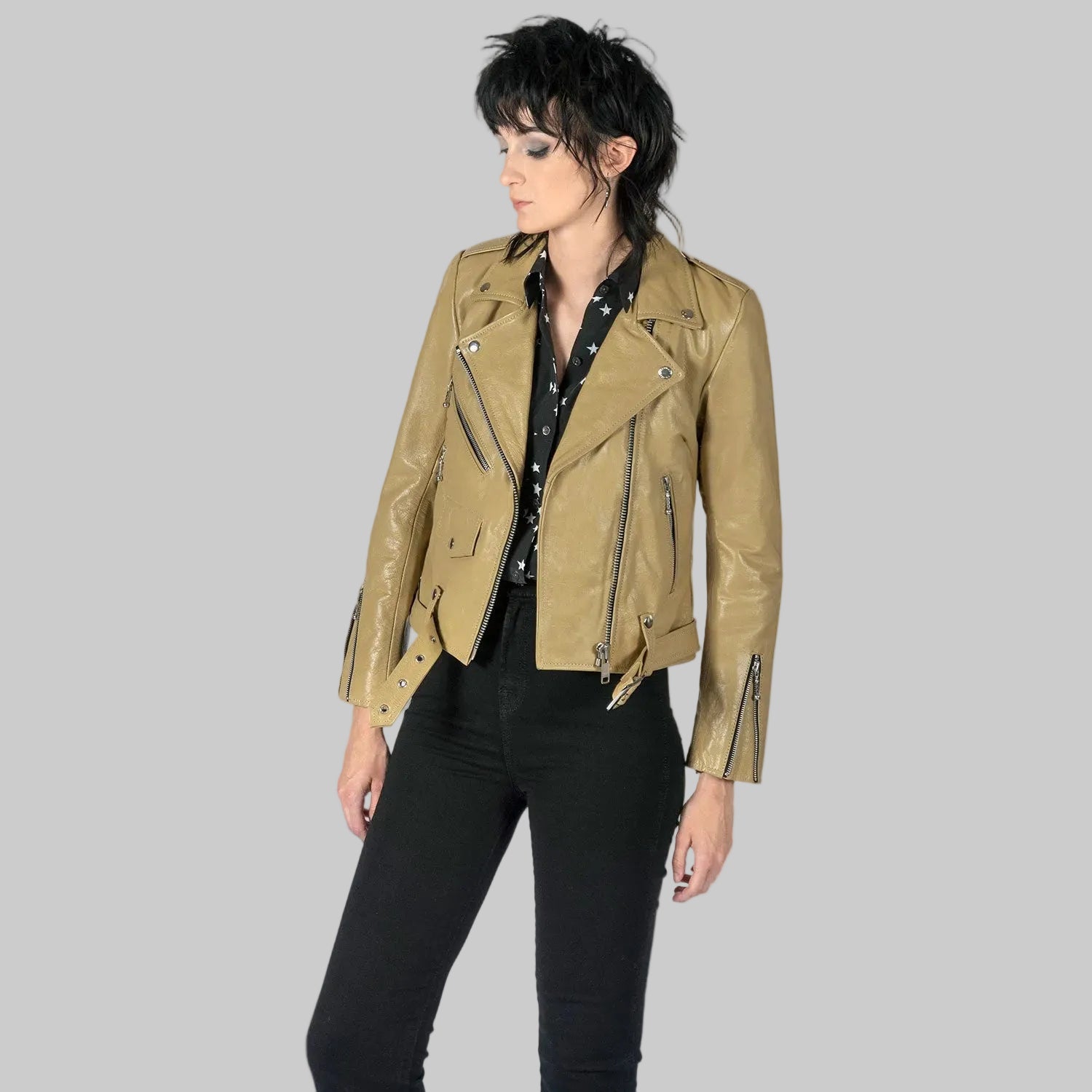 Sand Leather Biker Jacket