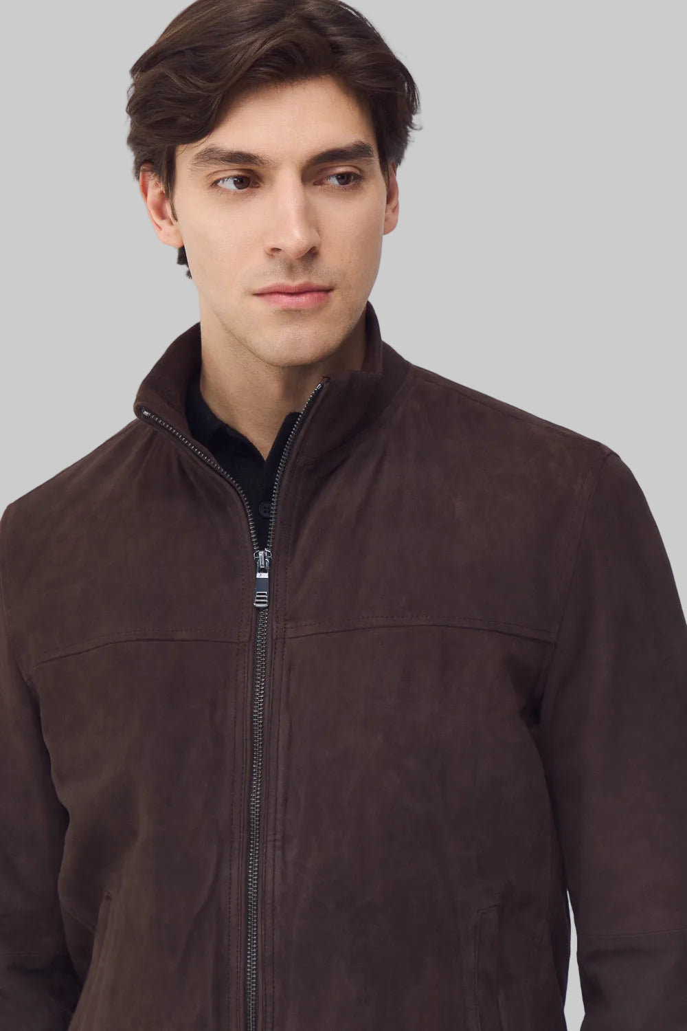 zip pose Men wearing Signature Espresso Suede leather jacket in rich brown suede finish with zip-front design, premium craftsmanship and modern casual style