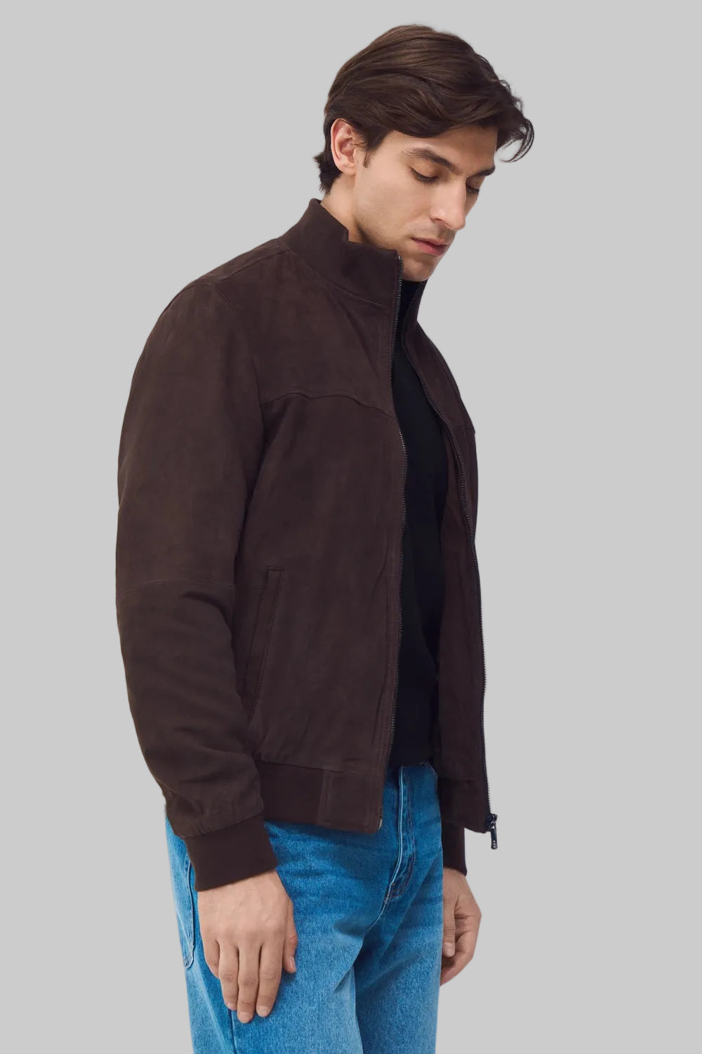 open jacket suede pose Men wearing Signature Espresso Suede leather jacket in rich brown suede finish with zip-front design, premium craftsmanship and modern casual style