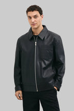 FRONT FULL POSE Men's black leather jacket made from premium full grain leather with front zipper closure, classic collar, and modern minimalist design by LEATHERTEXEU.