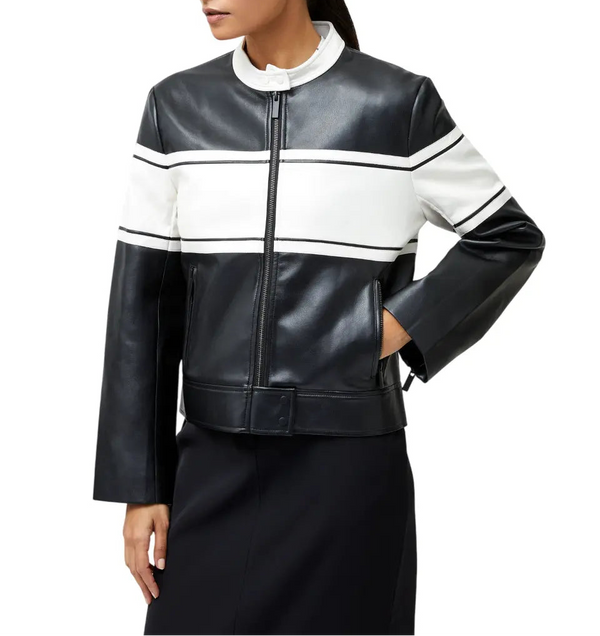 Women's Black and White Color-Block Leather Moto Jacket