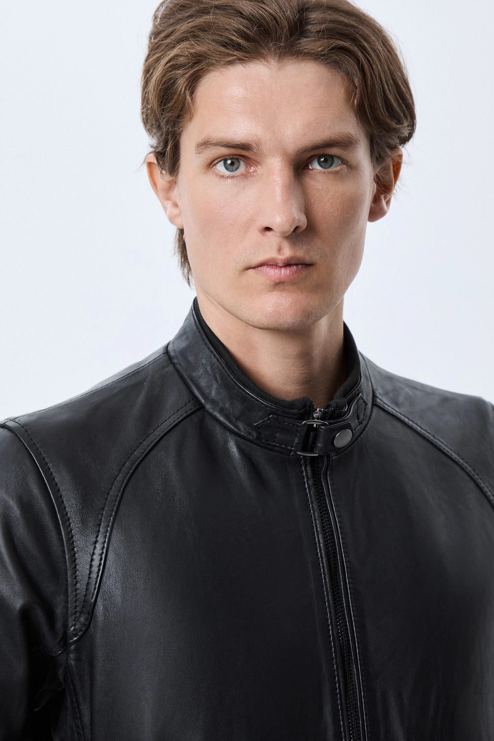 Buckled Collar Leather Bomber