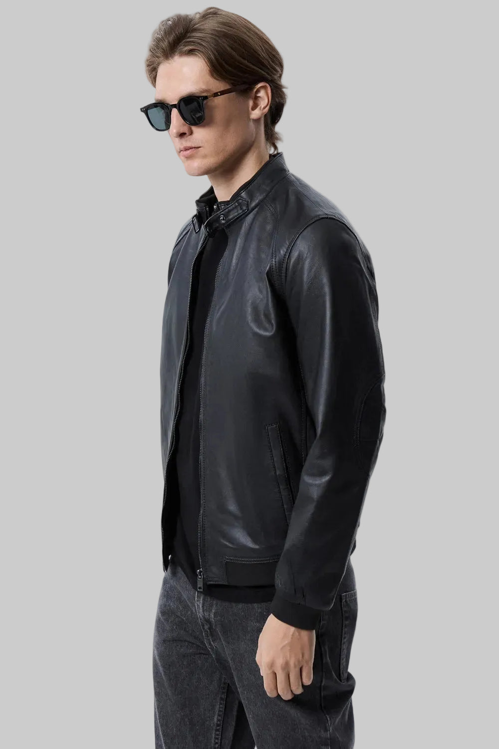 Buckled Collar Leather Bomber